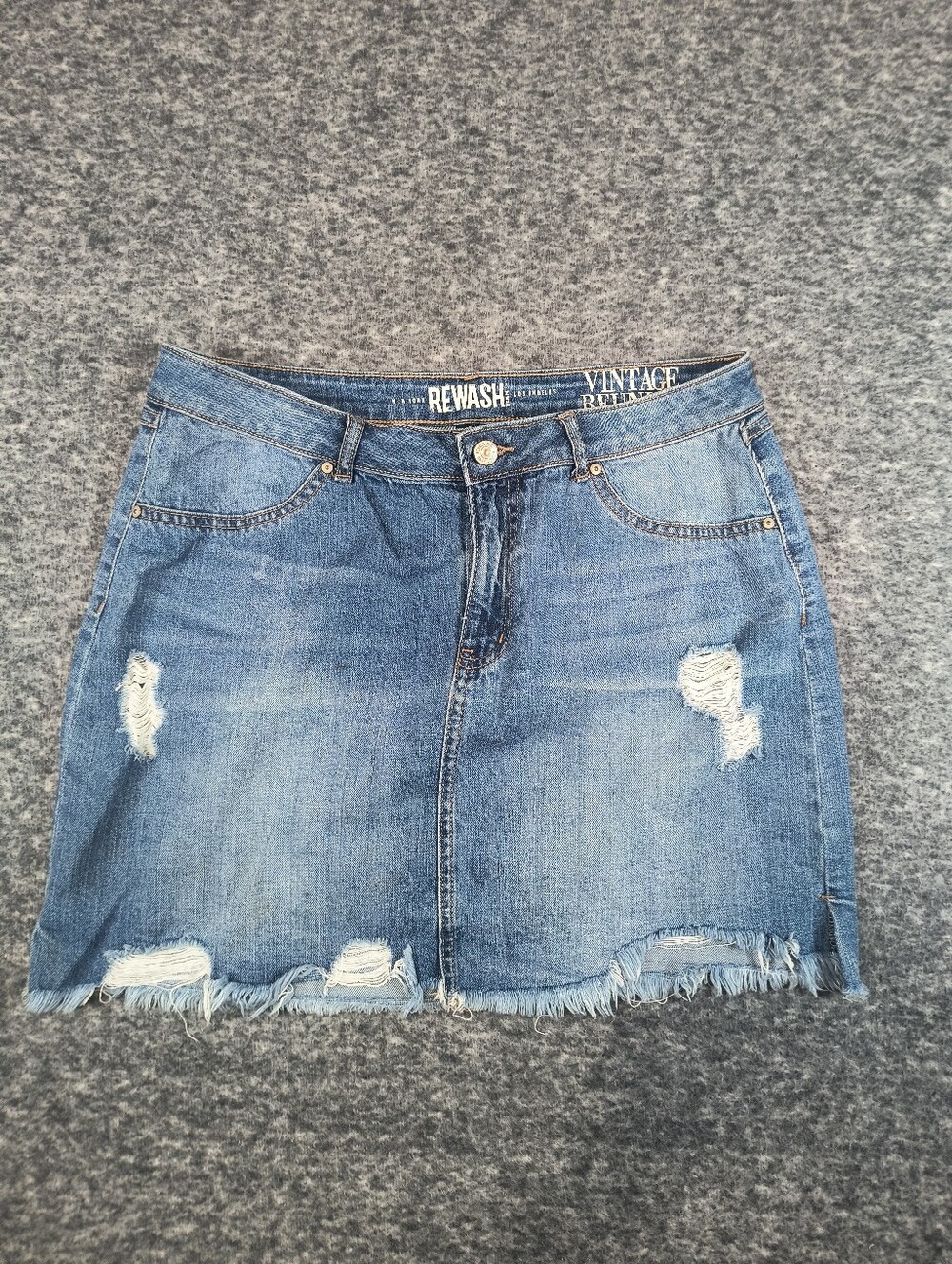 Rewash Brand Vintage Reunion distressed denim mini skirt, women's 11
